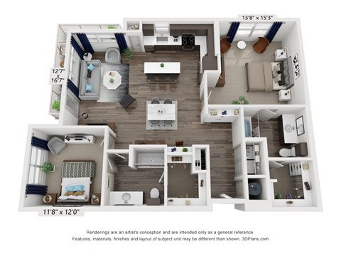 Floor plan for 2 beds, 2 baths, 1337 sqft